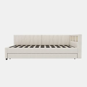 Cama Daybett 90x200cm - Sofá-cama, compartimento de arrumação, USB+Tipo C, controlo remoto para luz LED, cama extensível, linho, bege