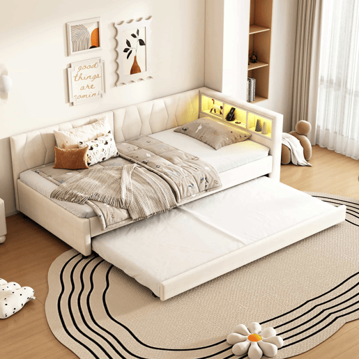 Cama Daybett 90x200cm - Sofá-cama, compartimento de arrumação, USB+Tipo C, controlo remoto para luz LED, cama extensível, linho, bege