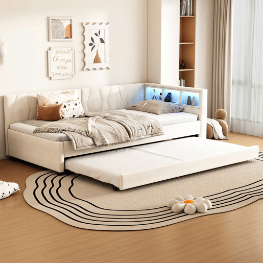 Cama Daybett 90x200cm - Sofá-cama, compartimento de arrumação, USB+Tipo C, controlo remoto para luz LED, cama extensível, linho, bege
