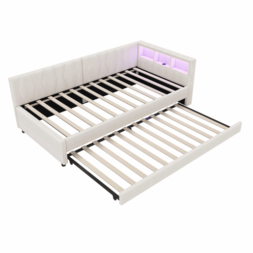Cama Daybett 90x200cm - Sofá-cama, compartimento de arrumação, USB+Tipo C, controlo remoto para luz LED, cama extensível, linho, bege