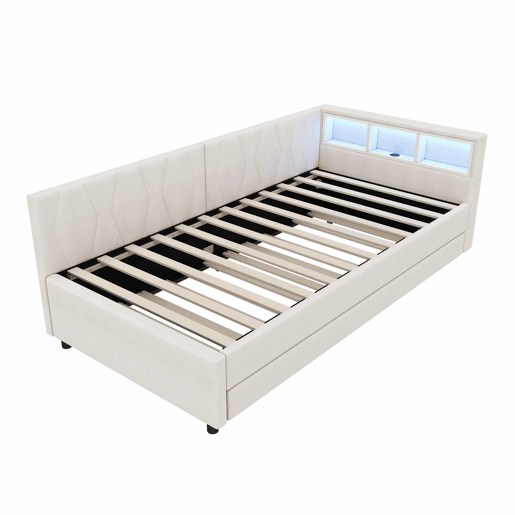Cama Daybett 90x200cm - Sofá-cama, compartimento de arrumação, USB+Tipo C, controlo remoto para luz LED, cama extensível, linho, bege