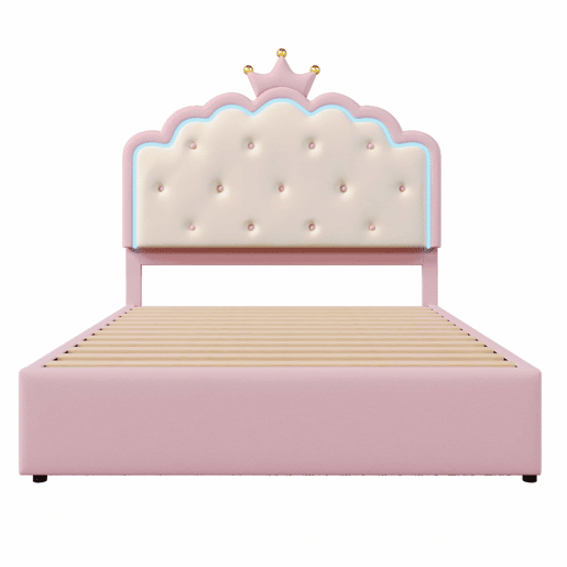 Cama estofada 140x200cm em pele sintética - com LED + 2 gavetas e cama com gavetão 90x190cm - Rosa