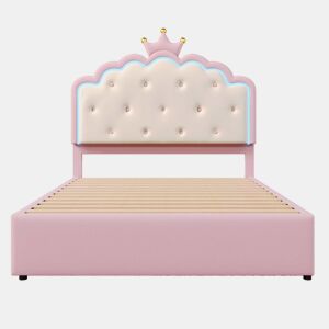 Cama estofada 140x200cm em pele sintética - com LED + 2 gavetas e cama com gavetão 90x190cm - Rosa