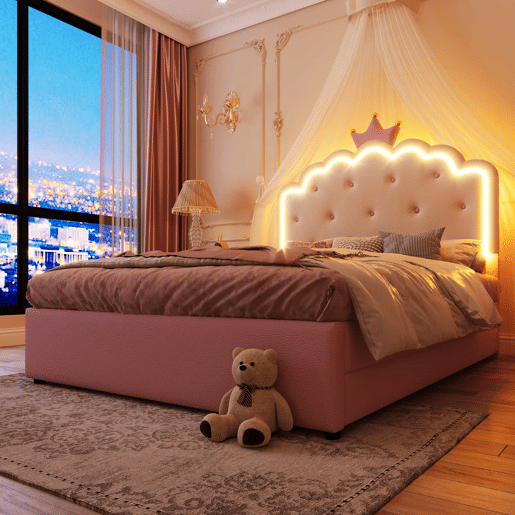 Cama estofada 140x200cm em pele sintética - com LED + 2 gavetas e cama com gavetão 90x190cm - Rosa