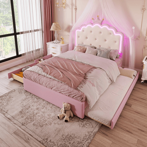 Cama estofada 140x200cm em pele sintética - com LED + 2 gavetas e cama com gavetão 90x190cm - Rosa