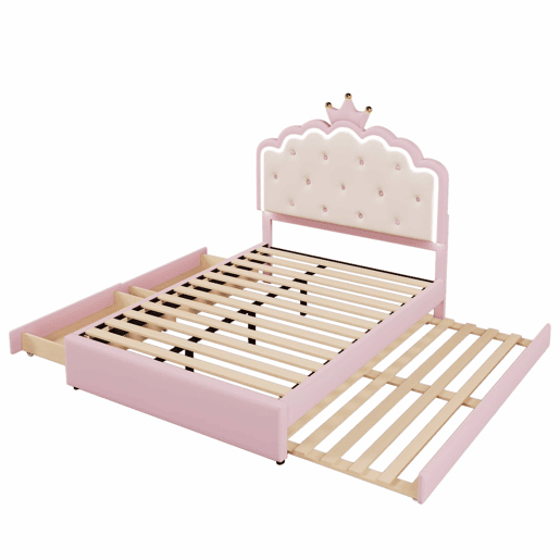 Cama estofada 140x200cm em pele sintética - com LED + 2 gavetas e cama com gavetão 90x190cm - Rosa