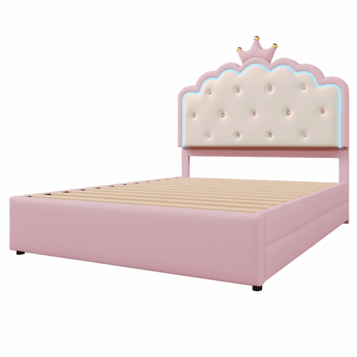 Cama estofada 140x200cm em pele sintética - com LED + 2 gavetas e cama com gavetão 90x190cm - Rosa