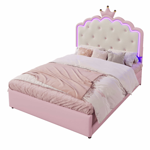 Cama estofada 140x200cm em pele sintética - com LED + 2 gavetas e cama com gavetão 90x190cm - Rosa