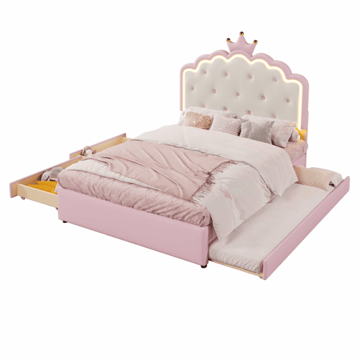 Cama estofada 140x200cm em pele sintética - com LED + 2 gavetas e cama com gavetão 90x190cm - Rosa