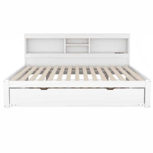 Divã de 140x200cm com cama com gavetão de 90x190cm - mesa de cabeceira com arrumação, LED e tomadas - Branco