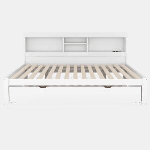 Divã de 140x200cm com cama com gavetão de 90x190cm - mesa de cabeceira com arrumação, LED e tomadas - Branco