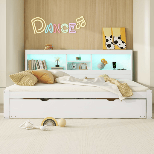 Divã de 140x200cm com cama com gavetão de 90x190cm - mesa de cabeceira com arrumação, LED e tomadas - Branco
