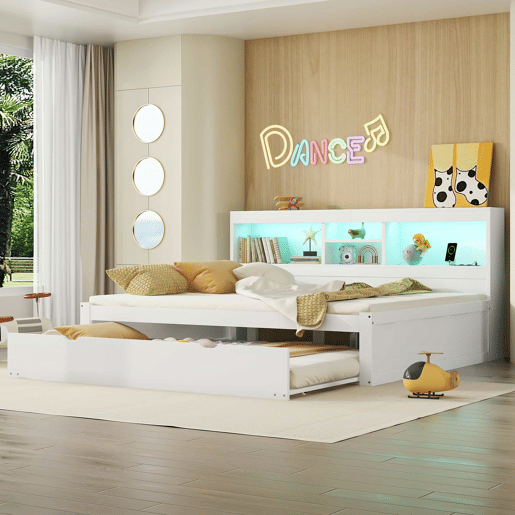 Divã de 140x200cm com cama com gavetão de 90x190cm - mesa de cabeceira com arrumação, LED e tomadas - Branco