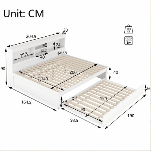 Divã de 140x200cm com cama com gavetão de 90x190cm - mesa de cabeceira com arrumação, LED e tomadas - Branco