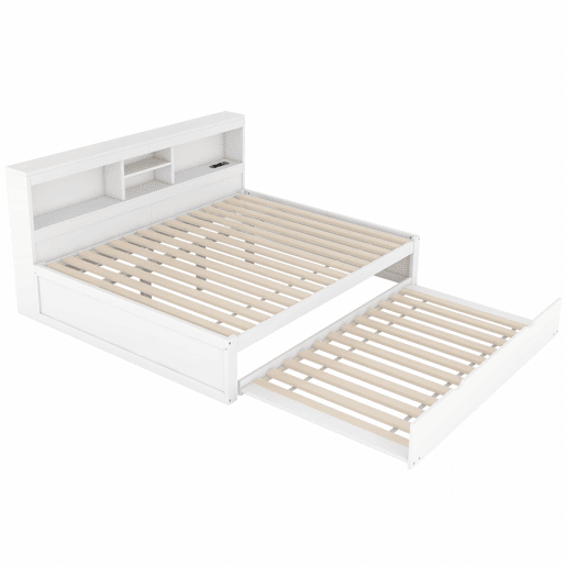 Divã de 140x200cm com cama com gavetão de 90x190cm - mesa de cabeceira com arrumação, LED e tomadas - Branco