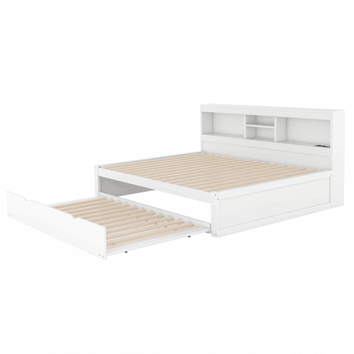 Divã de 140x200cm com cama com gavetão de 90x190cm - mesa de cabeceira com arrumação, LED e tomadas - Branco