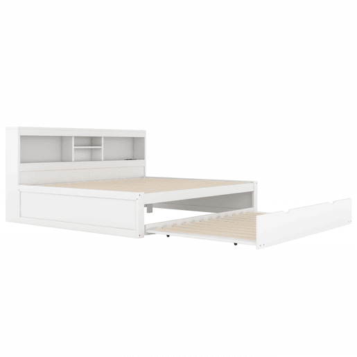 Divã de 140x200cm com cama com gavetão de 90x190cm - mesa de cabeceira com arrumação, LED e tomadas - Branco