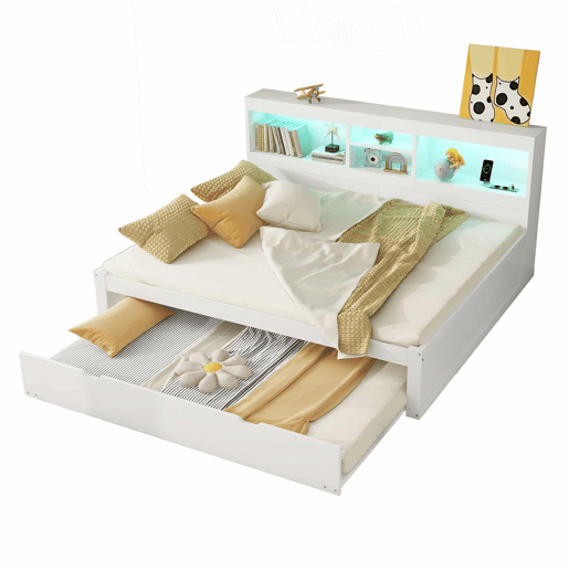 Divã de 140x200cm com cama com gavetão de 90x190cm - mesa de cabeceira com arrumação, LED e tomadas - Branco