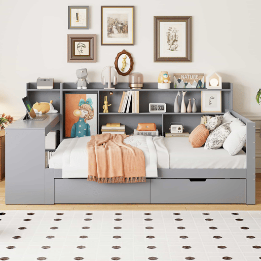 Sofá-cama 90 x 200 cm - Com secretária, estante, compartimentos e tomada elétrica - Cinza