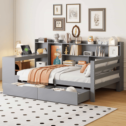 Sofá-cama 90 x 200 cm - Com secretária, estante, compartimentos e tomada elétrica - Cinza