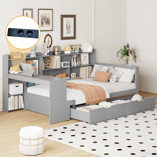 Sofá-cama 90 x 200 cm - Com secretária, estante, compartimentos e tomada elétrica - Cinza