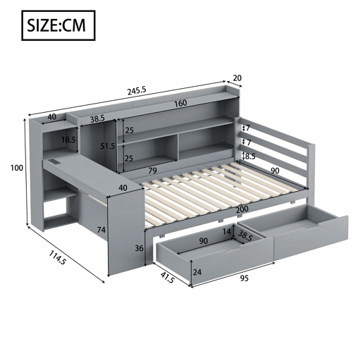 Sofá-cama 90 x 200 cm - Com secretária, estante, compartimentos e tomada elétrica - Cinza
