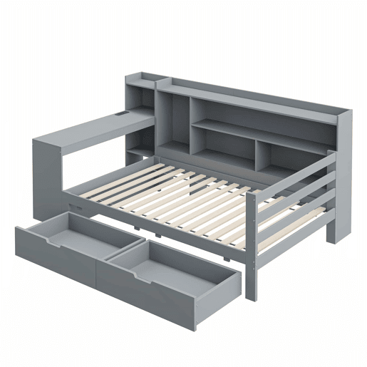 Sofá-cama 90 x 200 cm - Com secretária, estante, compartimentos e tomada elétrica - Cinza