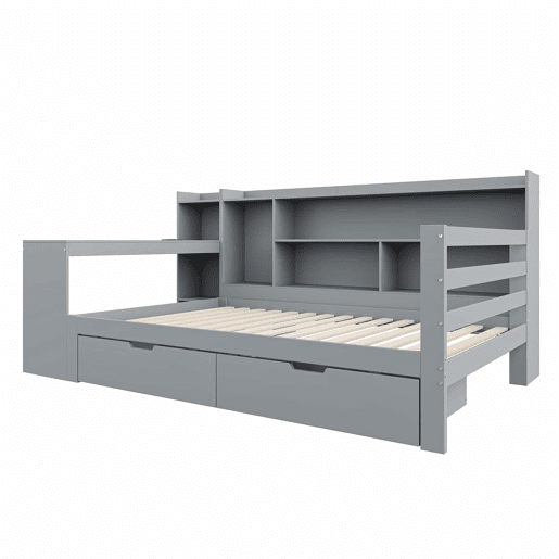 Sofá-cama 90 x 200 cm - Com secretária, estante, compartimentos e tomada elétrica - Cinza