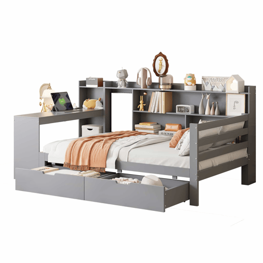 Sofá-cama 90 x 200 cm - Com secretária, estante, compartimentos e tomada elétrica - Cinza