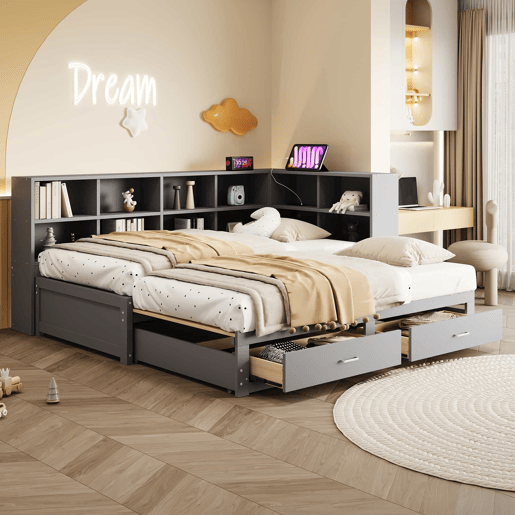 Sofá-cama extensível 90180*190 cm - Com arrumação, tomada multifuncional, gavetas e estrado - Cinza