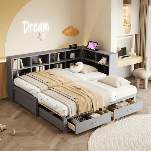 Sofá-cama extensível 90180*190 cm - Com arrumação, tomada multifuncional, gavetas e estrado - Cinza