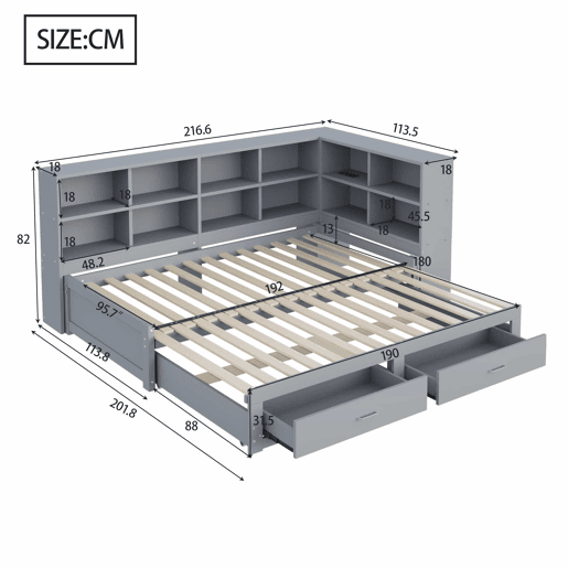Sofá-cama extensível 90180*190 cm - Com arrumação, tomada multifuncional, gavetas e estrado - Cinza