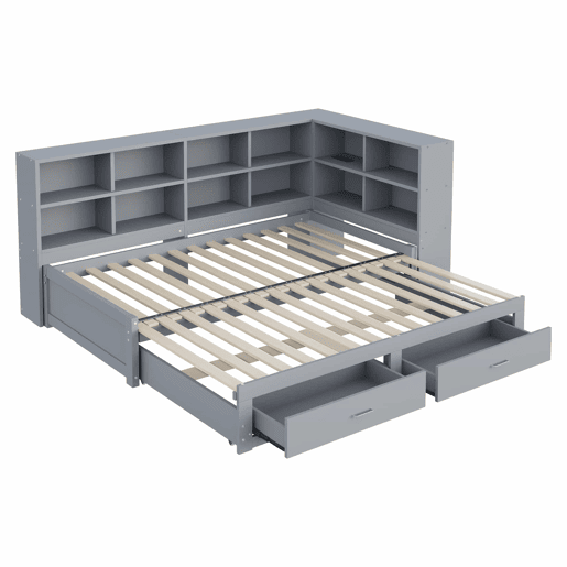 Sofá-cama extensível 90180*190 cm - Com arrumação, tomada multifuncional, gavetas e estrado - Cinza