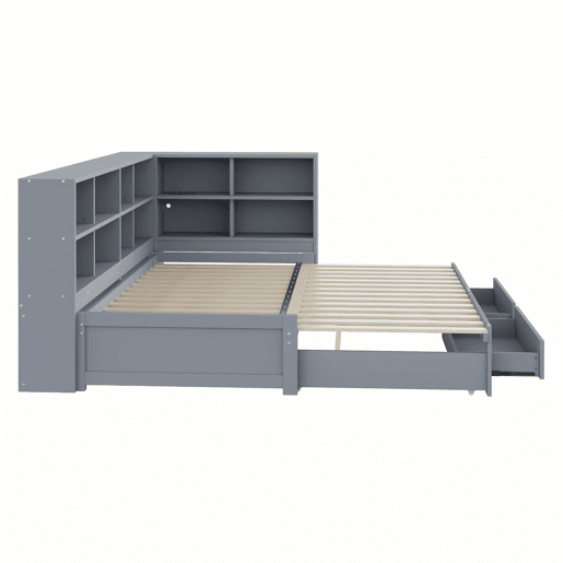Sofá-cama extensível 90180*190 cm - Com arrumação, tomada multifuncional, gavetas e estrado - Cinza