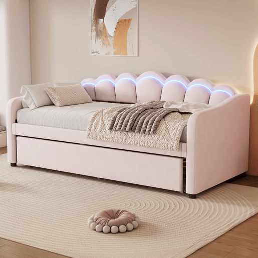 Cama divã com LED 90x200cm + cama com gavetão 90x190cm - estofada em tecido de veludo - Rosa (colchão não incluído)