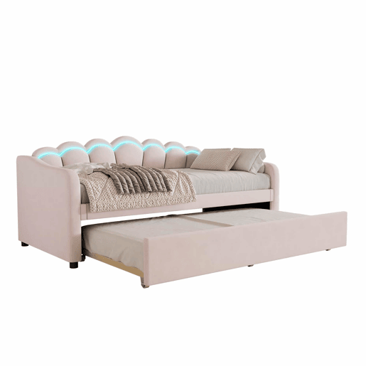 Cama divã com LED 90x200cm + cama com gavetão 90x190cm - estofada em tecido de veludo - Rosa (colchão não incluído)