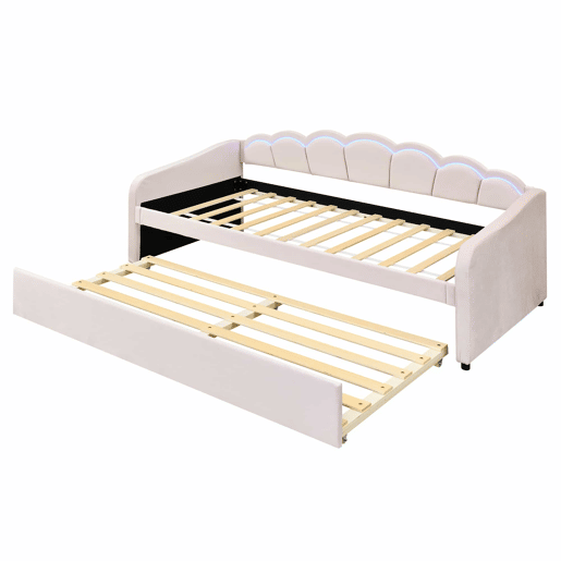 Cama divã com LED 90x200cm + cama com gavetão 90x190cm - estofada em tecido de veludo - Rosa (colchão não incluído)