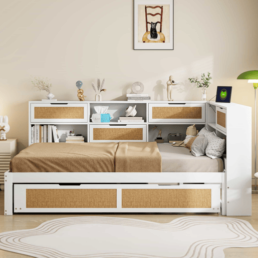 Sofá-cama de madeira 140*200 - com cama extensível, cama individual, com arrumação e porta de carregamento - Branco