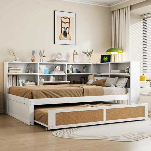 Sofá-cama de madeira 140*200 - com cama extensível, cama individual, com arrumação e porta de carregamento - Branco