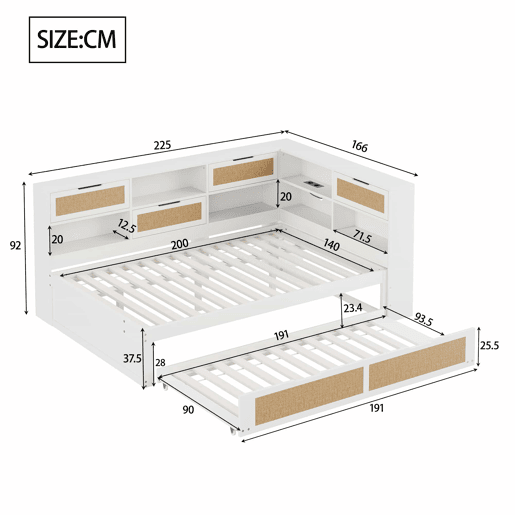 Sofá-cama de madeira 140*200 - com cama extensível, cama individual, com arrumação e porta de carregamento - Branco