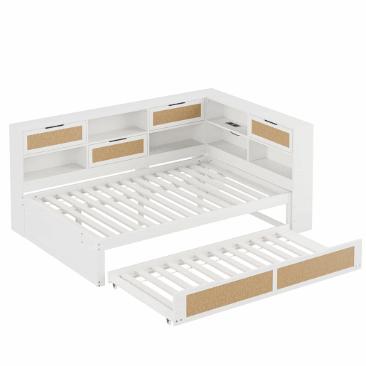 Sofá-cama de madeira 140*200 - com cama extensível, cama individual, com arrumação e porta de carregamento - Branco