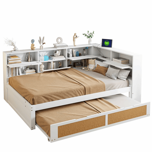 Sofá-cama de madeira 140*200 - com cama extensível, cama individual, com arrumação e porta de carregamento - Branco