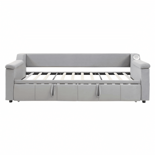 Sofá-cama 90180x190 cm - Braço largo e grosso, com sistema de som Bluetooth inteligente, com porta USB, com compartimentos, com estrado, tecido de veludo - Cinza claro