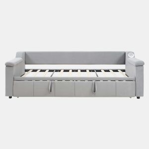 Sofá-cama 90180x190 cm - Braço largo e grosso, com sistema de som Bluetooth inteligente, com porta USB, com compartimentos, com estrado, tecido de veludo - Cinza claro