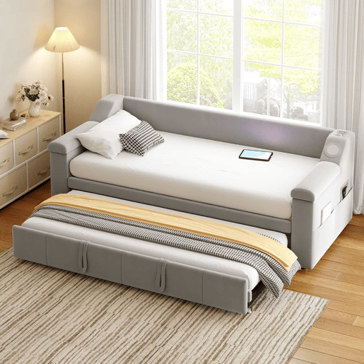 Sofá-cama 90180x190 cm - Braço largo e grosso, com sistema de som Bluetooth inteligente, com porta USB, com compartimentos, com estrado, tecido de veludo - Cinza claro