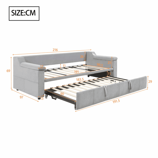 Sofá-cama 90180x190 cm - Braço largo e grosso, com sistema de som Bluetooth inteligente, com porta USB, com compartimentos, com estrado, tecido de veludo - Cinza claro
