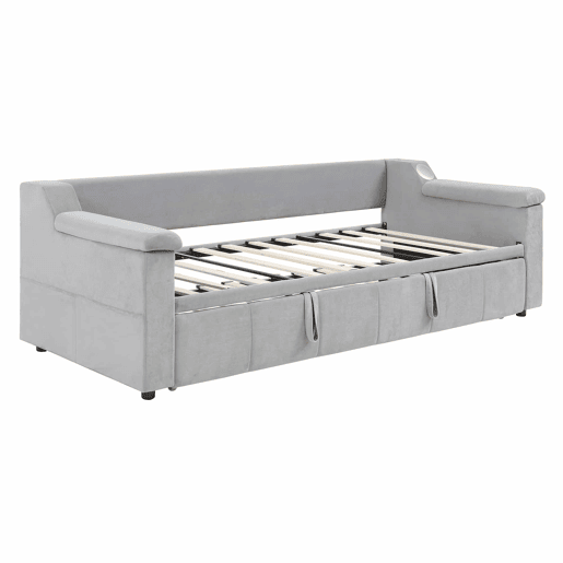 Sofá-cama 90180x190 cm - Braço largo e grosso, com sistema de som Bluetooth inteligente, com porta USB, com compartimentos, com estrado, tecido de veludo - Cinza claro
