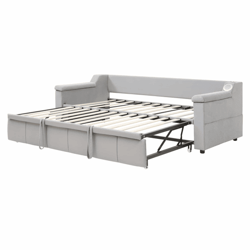 Sofá-cama 90180x190 cm - Braço largo e grosso, com sistema de som Bluetooth inteligente, com porta USB, com compartimentos, com estrado, tecido de veludo - Cinza claro