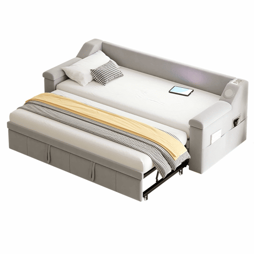 Sofá-cama 90180x190 cm - Braço largo e grosso, com sistema de som Bluetooth inteligente, com porta USB, com compartimentos, com estrado, tecido de veludo - Cinza claro