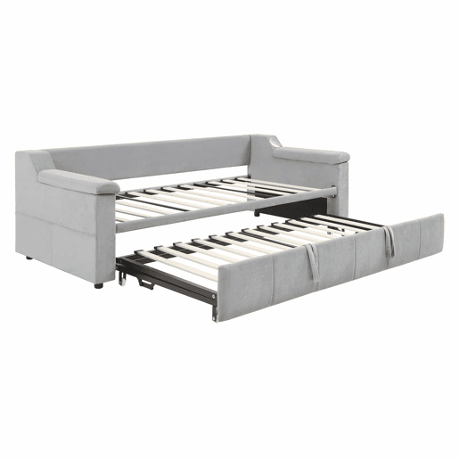 Sofá-cama 90180x190 cm - Braço largo e grosso, com sistema de som Bluetooth inteligente, com porta USB, com compartimentos, com estrado, tecido de veludo - Cinza claro